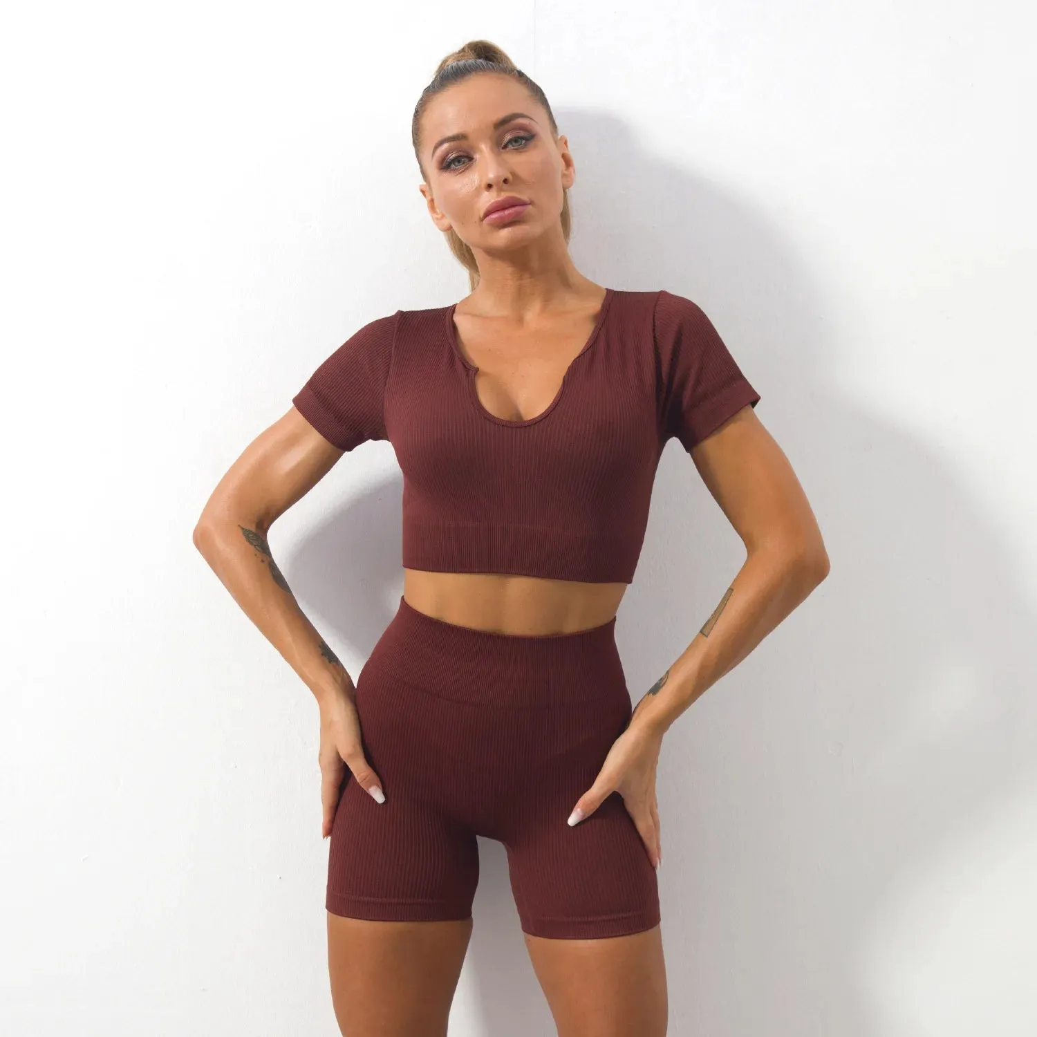 2-Piece Seamless Ribbed Yoga Set for Women - Short Sleeve Crop Top and High Waist Shorts