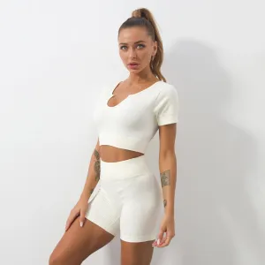 2-Piece Seamless Ribbed Yoga Set for Women - Short Sleeve Crop Top and High Waist Shorts