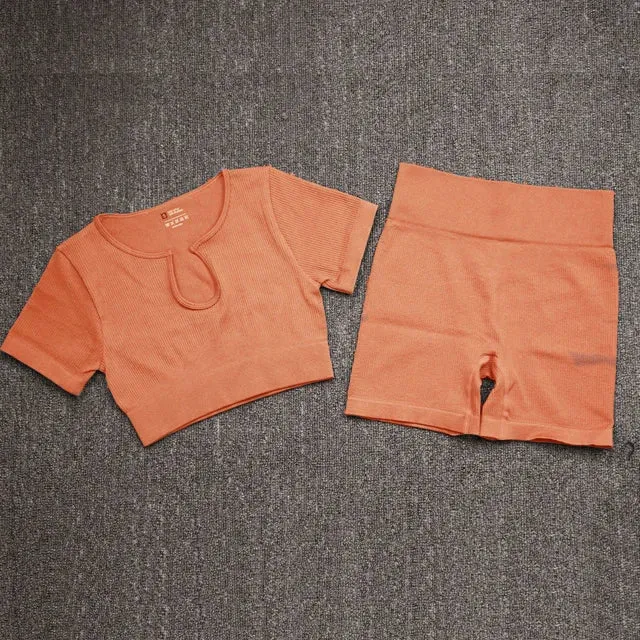2-Piece Seamless Ribbed Yoga Set for Women - Short Sleeve Crop Top and High Waist Shorts