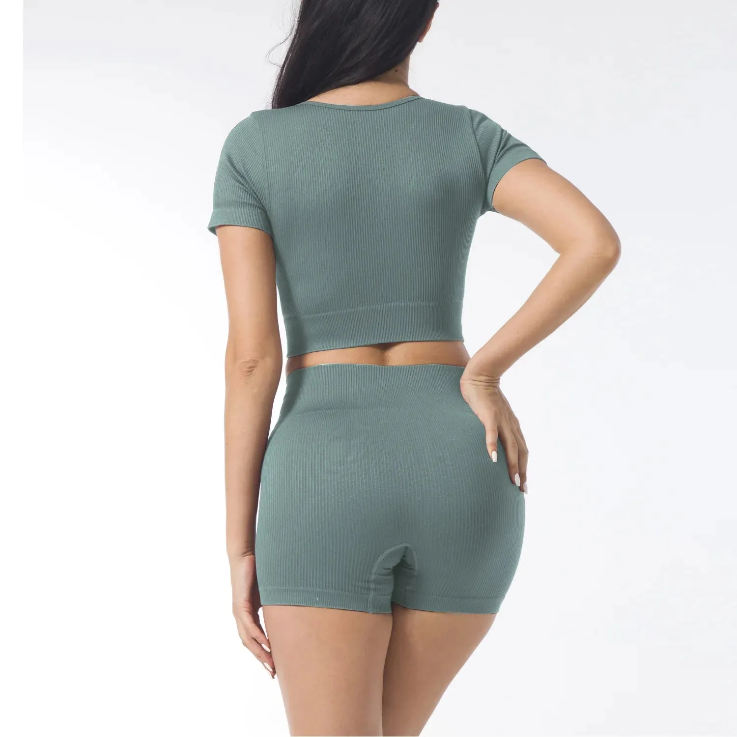 2-Piece Seamless Ribbed Yoga Set for Women - Short Sleeve Crop Top and High Waist Shorts