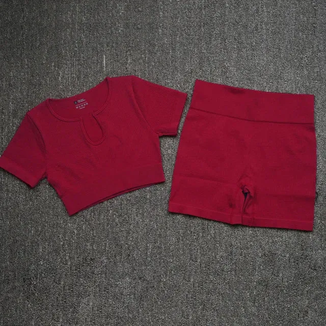 2-Piece Seamless Ribbed Yoga Set for Women - Short Sleeve Crop Top and High Waist Shorts