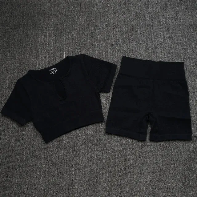 2-Piece Seamless Ribbed Yoga Set for Women - Short Sleeve Crop Top and High Waist Shorts