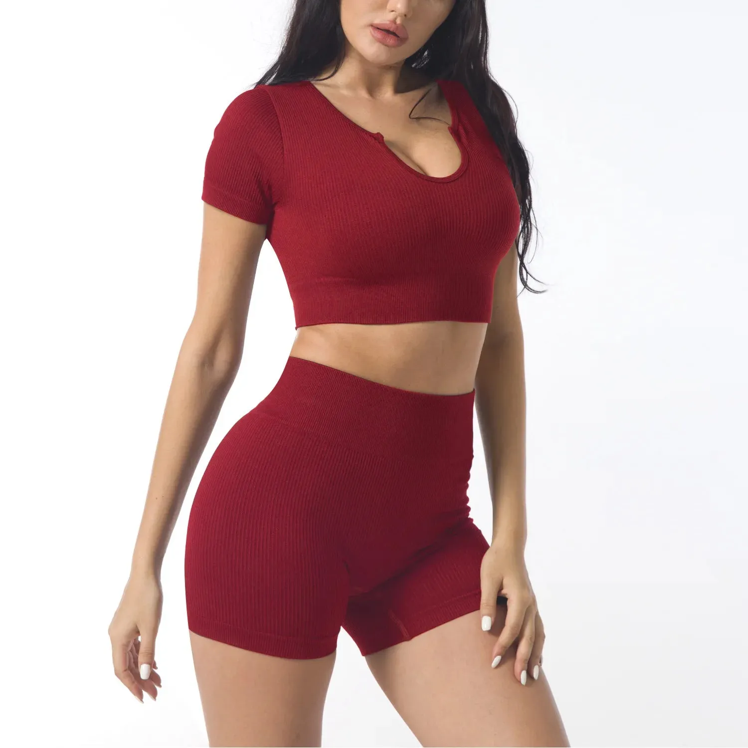 2-Piece Seamless Ribbed Yoga Set for Women - Short Sleeve Crop Top and High Waist Shorts