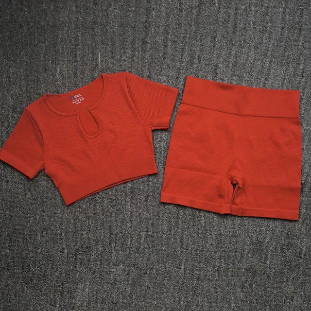 2-Piece Seamless Ribbed Yoga Set for Women - Short Sleeve Crop Top and High Waist Shorts