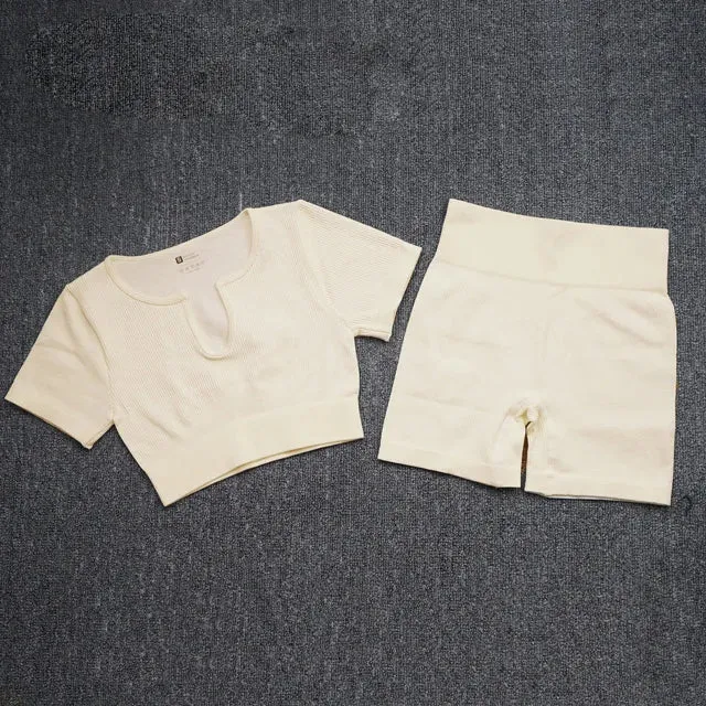 2-Piece Seamless Ribbed Yoga Set for Women - Short Sleeve Crop Top and High Waist Shorts