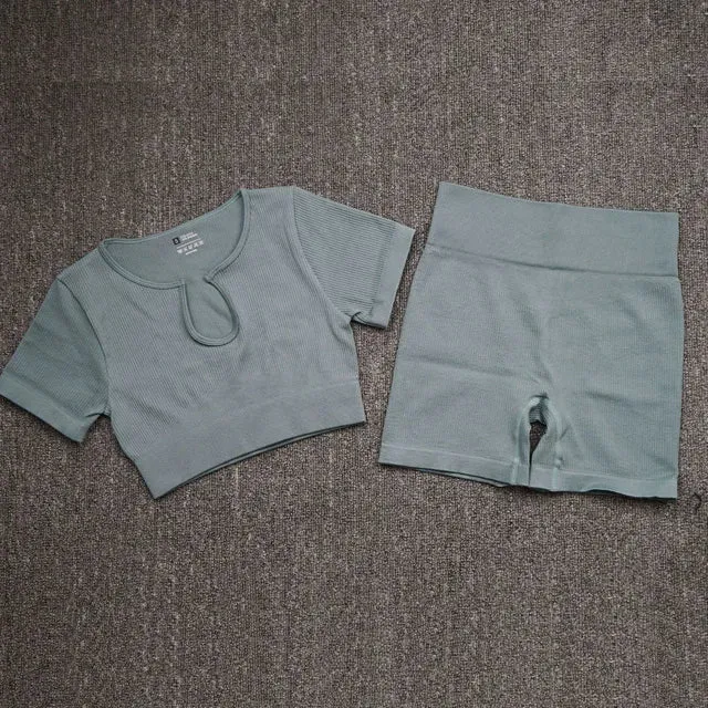 2-Piece Seamless Ribbed Yoga Set for Women - Short Sleeve Crop Top and High Waist Shorts