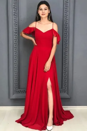 A-line Red Chiffon Prom Dress Long Sexy Split Evening Party Gowns OKW35