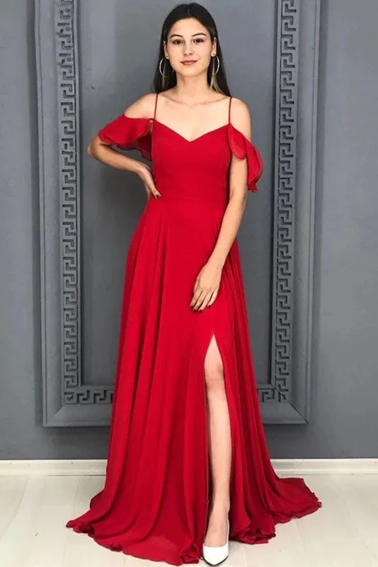 A-line Red Chiffon Prom Dress Long Sexy Split Evening Party Gowns OKW35