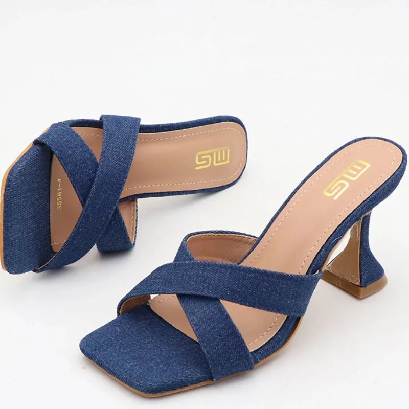 ADVBRIDGE  -  Luxury Designer Open Toe Women Sandal Blue Denim Square Toe Cross Tied Outdoor Shoes Fashion Comfortable Plus Size Women Shoes