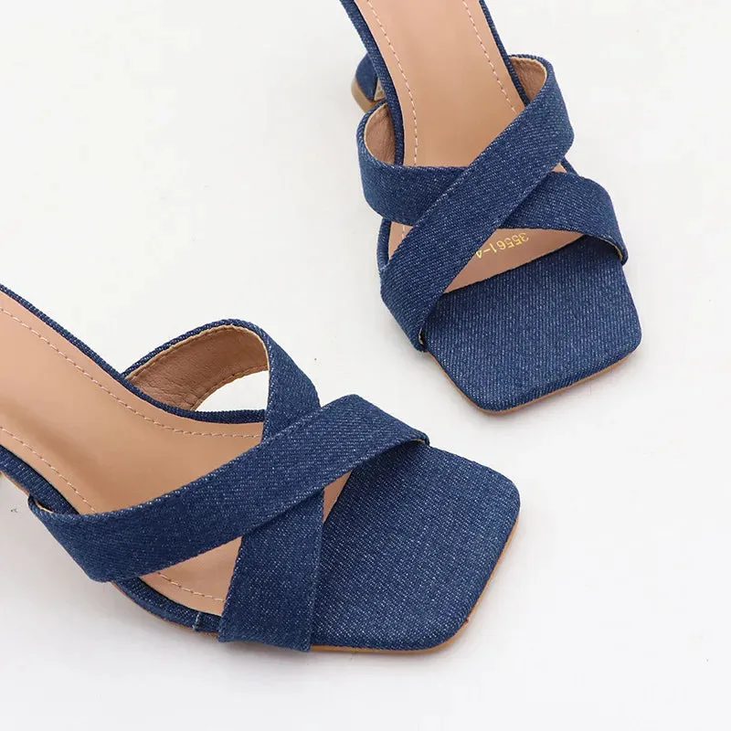 ADVBRIDGE  -  Luxury Designer Open Toe Women Sandal Blue Denim Square Toe Cross Tied Outdoor Shoes Fashion Comfortable Plus Size Women Shoes