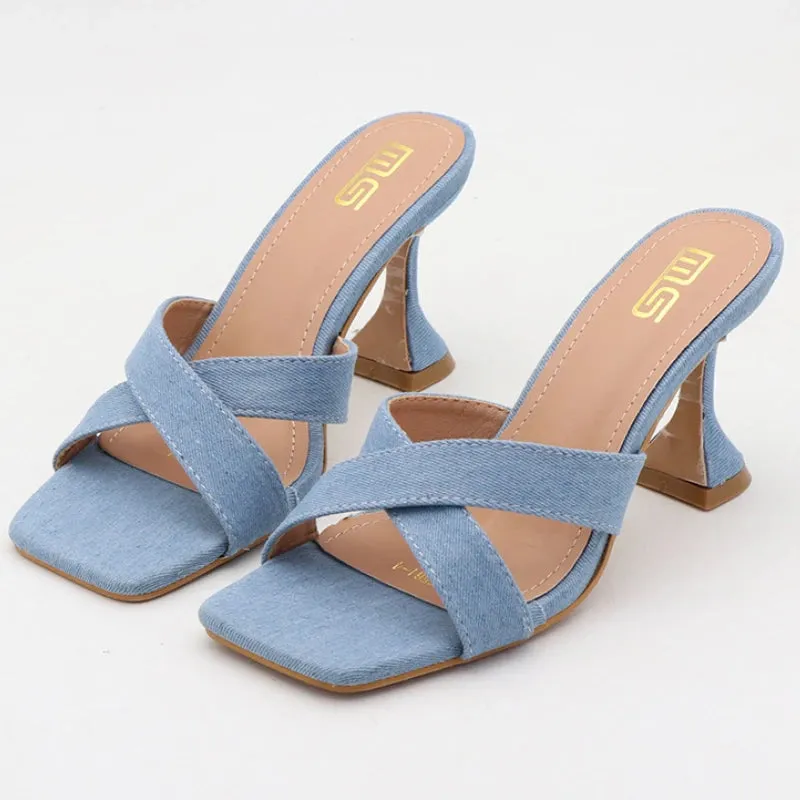 ADVBRIDGE  -  Luxury Designer Open Toe Women Sandal Blue Denim Square Toe Cross Tied Outdoor Shoes Fashion Comfortable Plus Size Women Shoes