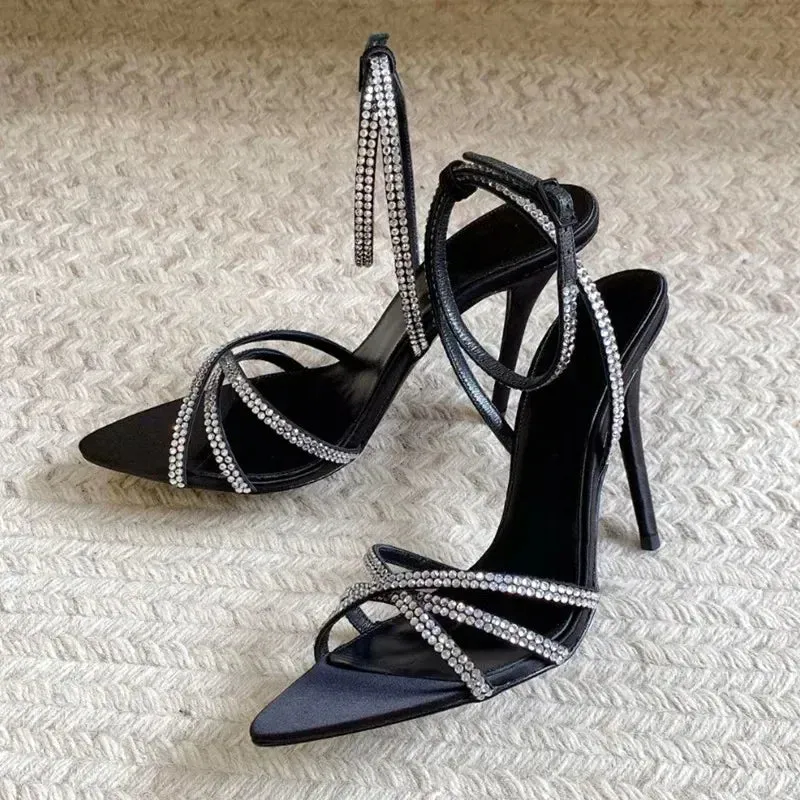 ADVBRIDGE  -  Sexy Pointed Toe High Heels Women Luxury Rhinestone Satin Design Cross-Strap Heeled Sandals Summer Elegant Banquet Dress Shoes