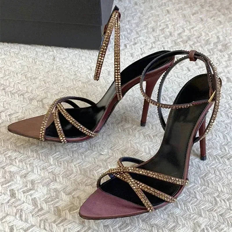 ADVBRIDGE  -  Sexy Pointed Toe High Heels Women Luxury Rhinestone Satin Design Cross-Strap Heeled Sandals Summer Elegant Banquet Dress Shoes