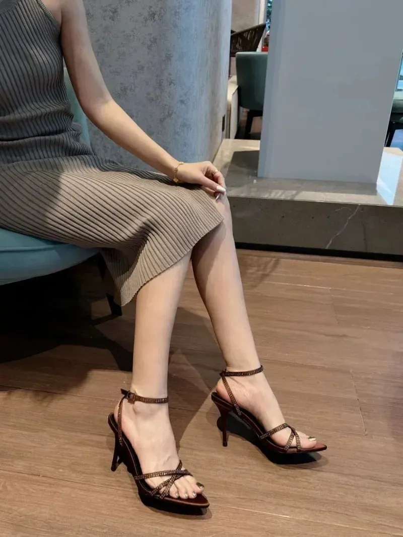ADVBRIDGE  -  Sexy Pointed Toe High Heels Women Luxury Rhinestone Satin Design Cross-Strap Heeled Sandals Summer Elegant Banquet Dress Shoes