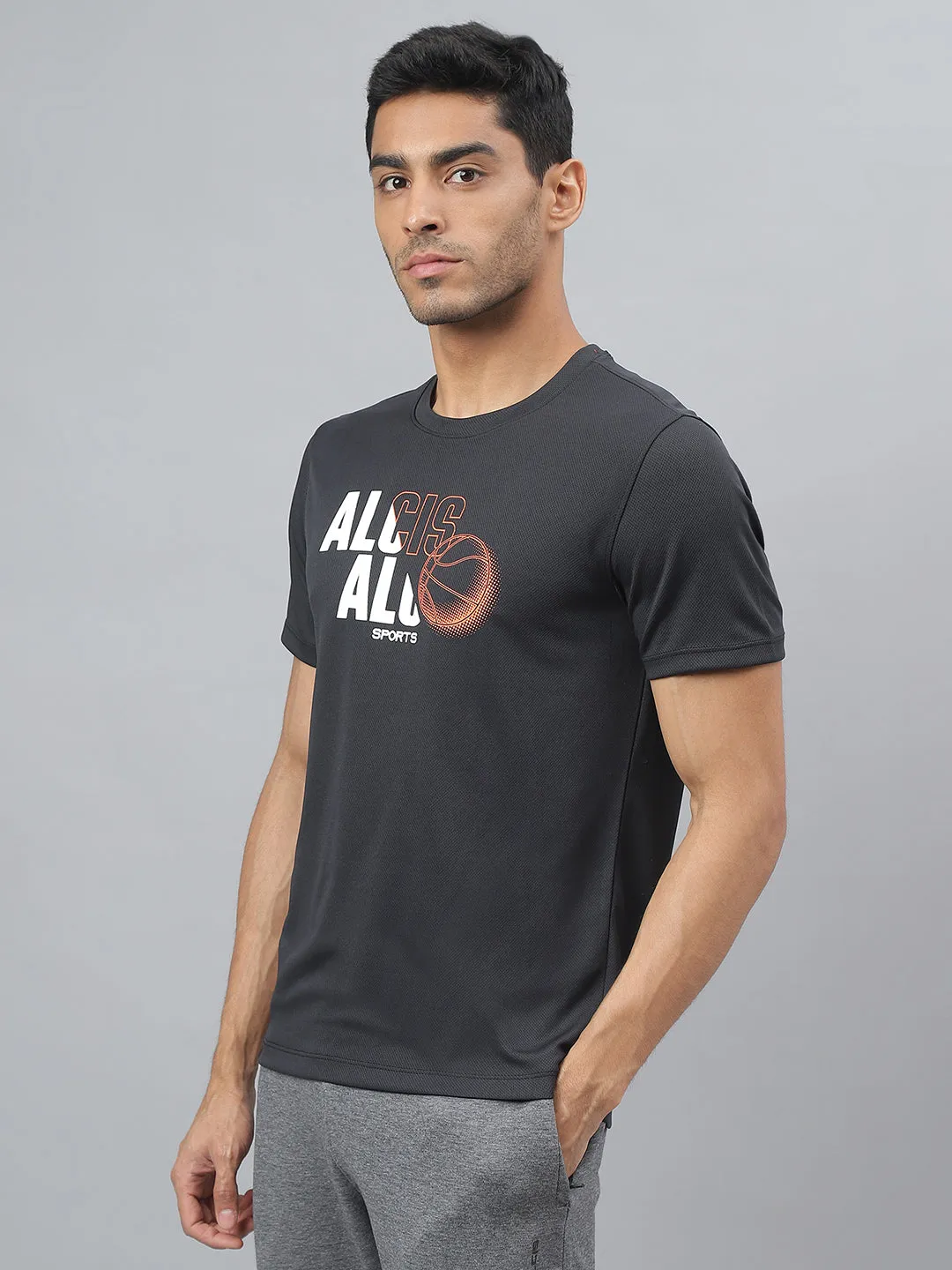Alcis Men Printed Black Anti-Static Slim-Fit Round Neck Training T-Shirt