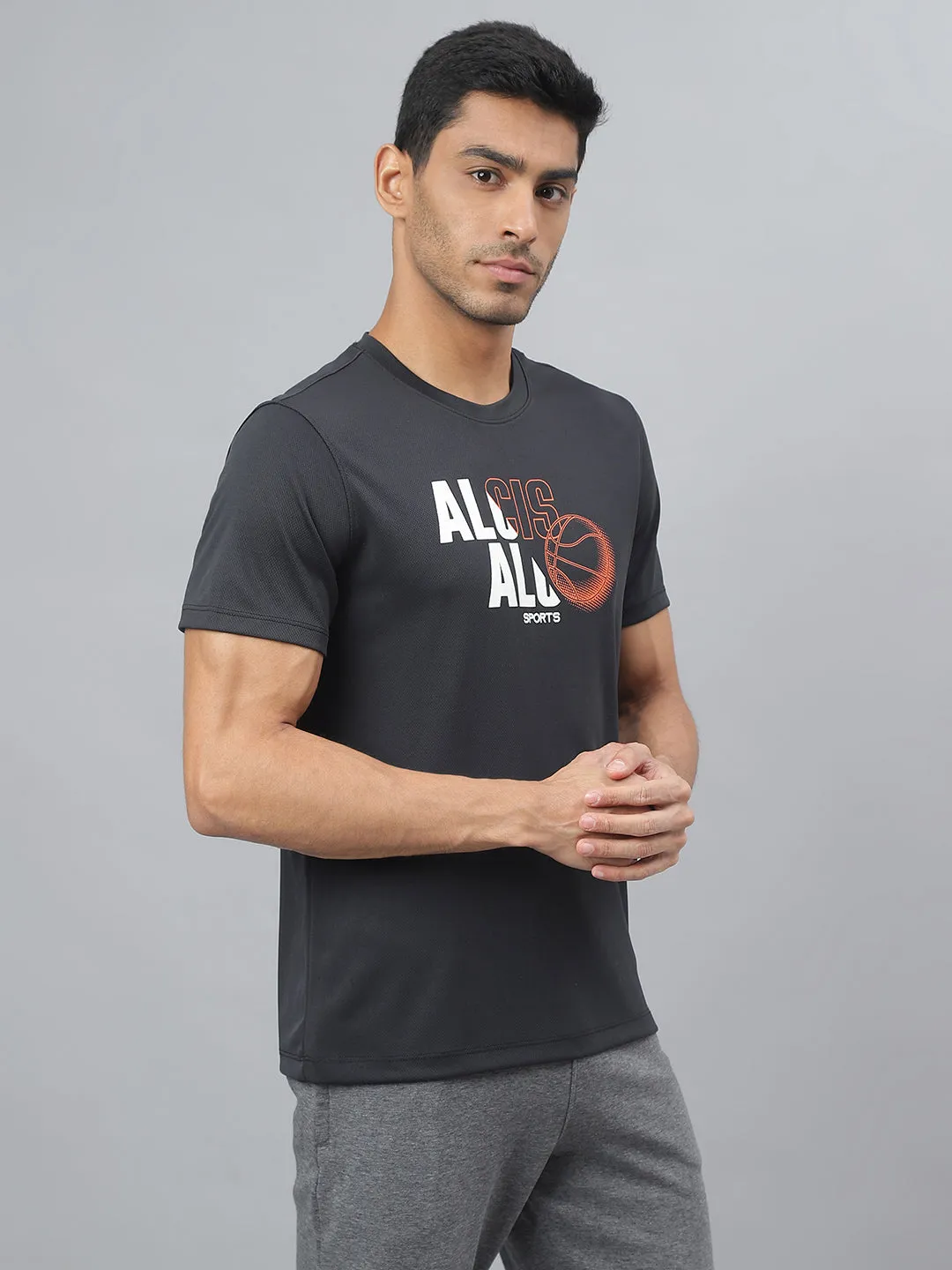Alcis Men Printed Black Anti-Static Slim-Fit Round Neck Training T-Shirt