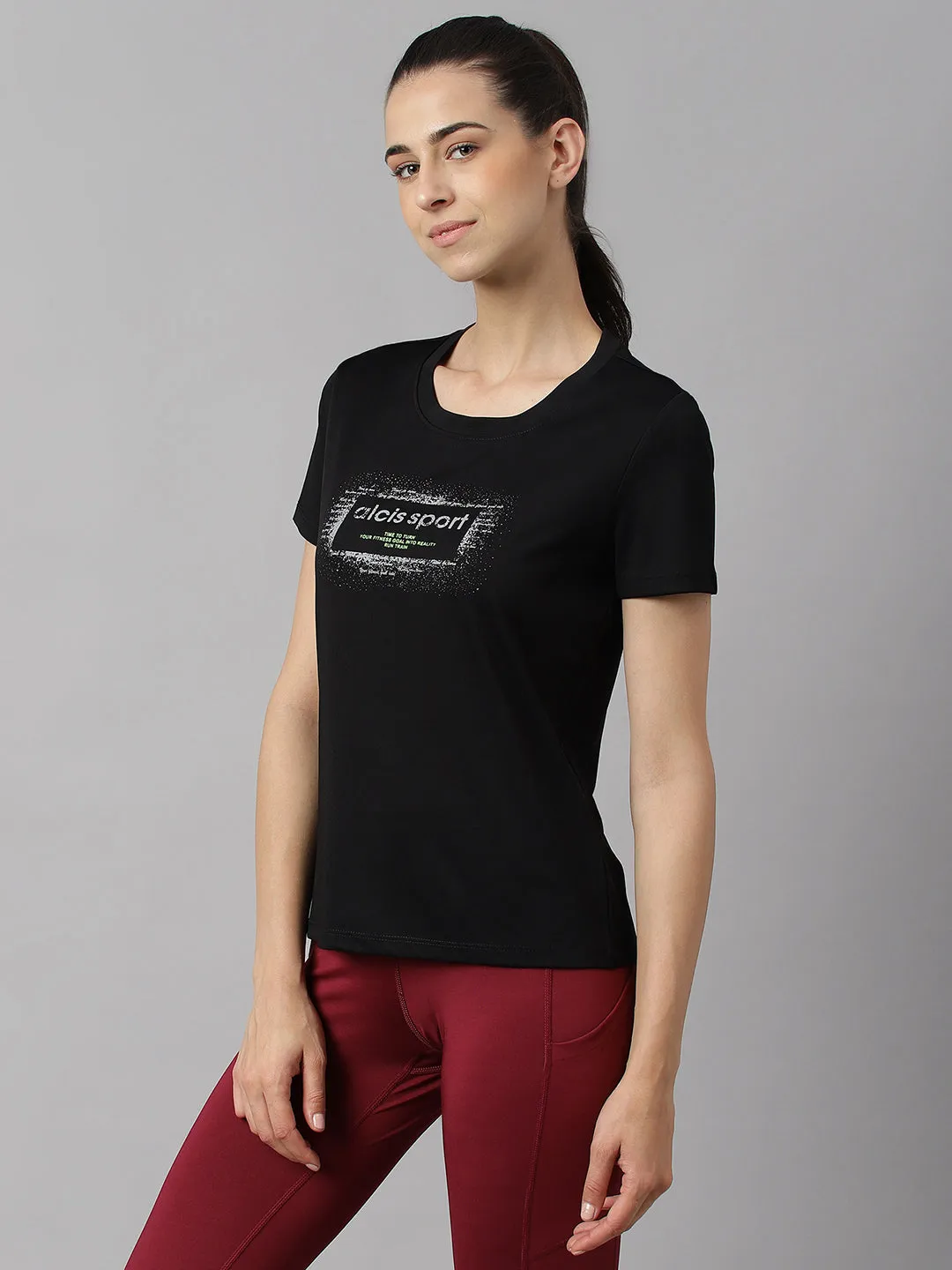 Alcis Women Printed Black Anti-Static Slim-Fit Round Neck Training T-Shirt