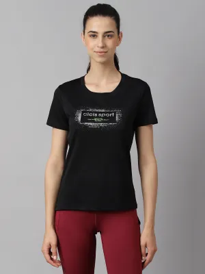 Alcis Women Printed Black Anti-Static Slim-Fit Round Neck Training T-Shirt