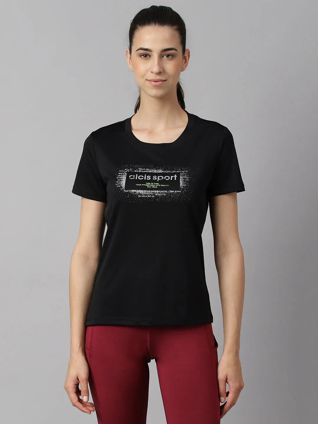Alcis Women Printed Black Anti-Static Slim-Fit Round Neck Training T-Shirt