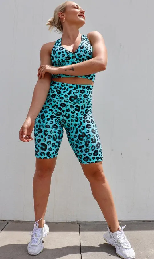 Aqua Leopard Eco Biker Shorts with Pockets