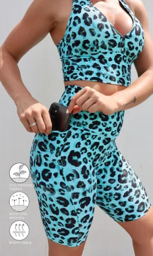 Aqua Leopard Eco Biker Shorts with Pockets