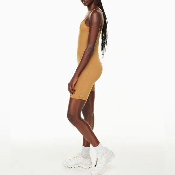 Aritzia TnAction caramel tan adjustable strap 7 inch scoop neck romper