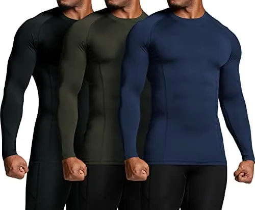ATHLIO Men's UPF 50  Long Sleeve Compression Shirts, Water Sports Rash Guard Base Layer, Athletic Workout Shirt, 3pack Black/Navy/Hunter Green
