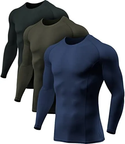 ATHLIO Men's UPF 50  Long Sleeve Compression Shirts, Water Sports Rash Guard Base Layer, Athletic Workout Shirt, 3pack Black/Navy/Hunter Green