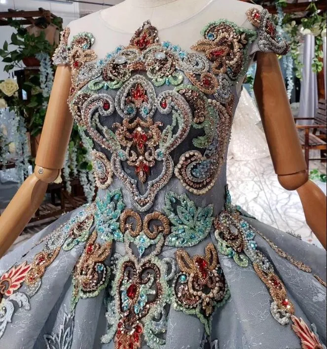 Ball Gown Light Blue Cap Sleeve Long Prom Dress, Beaded Lace up Quinceanera Dresses OKN75