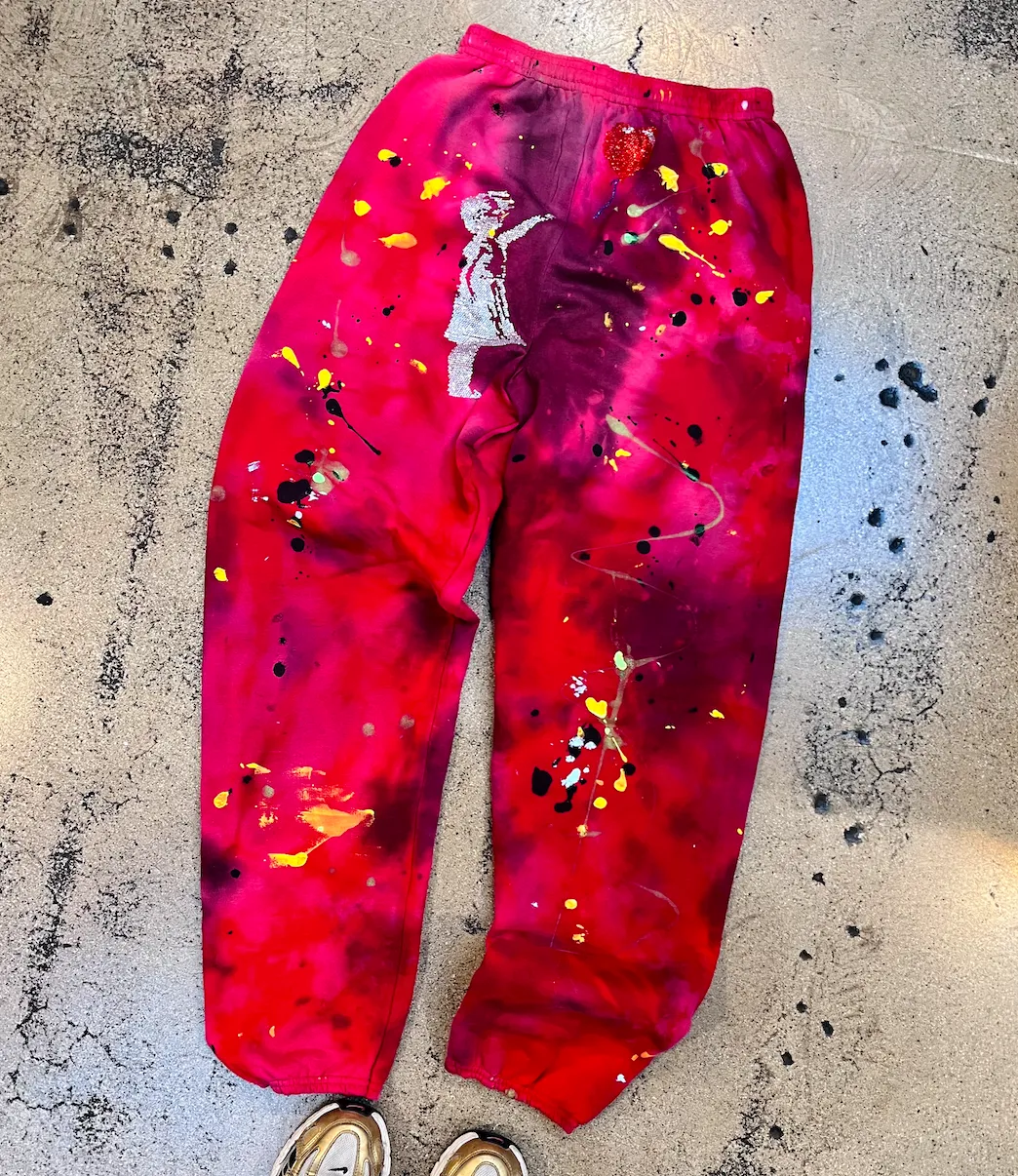 Balloon Girl Embellished Red Tie Dye Paint Sweatpants