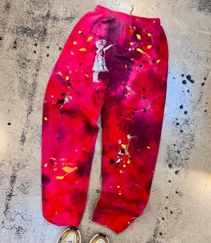 Balloon Girl Embellished Red Tie Dye Paint Sweatpants