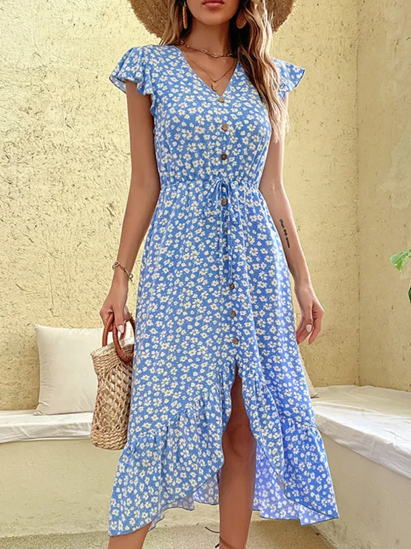 BerryBetty - Women's Floral Print Flutter Sleeve V-neck Midi Dress