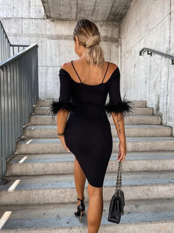 BerryBetty - Women's Knitted Sexy One-Line Neck Fur Sleeve Dress