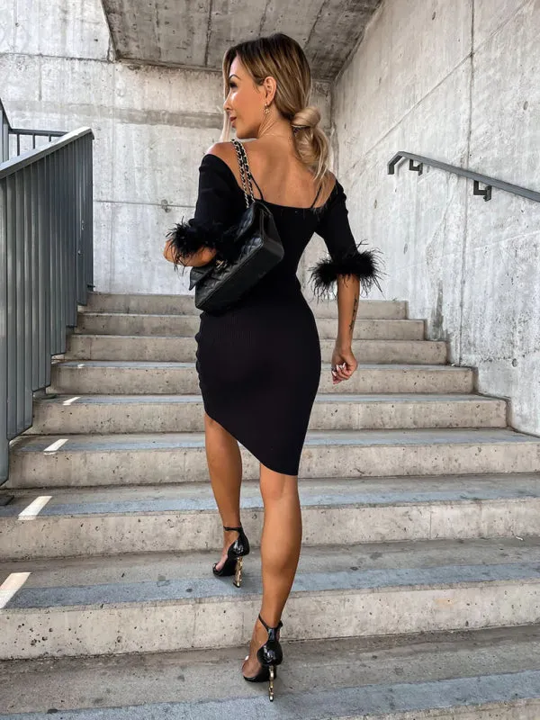 BerryBetty - Women's Knitted Sexy One-Line Neck Fur Sleeve Dress