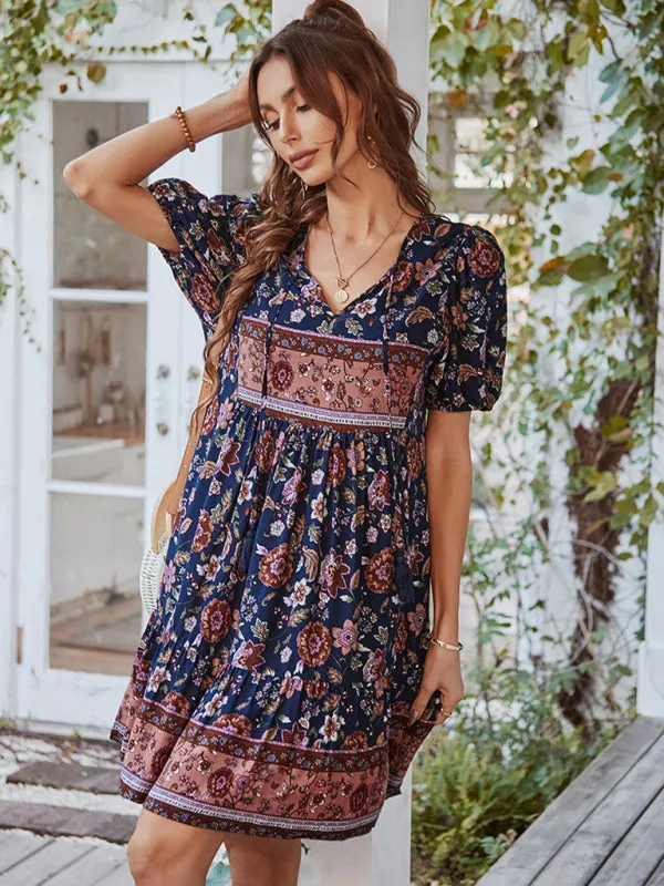 BerryBetty - Women's Woven V-Neck Short Sleeve Bohemian Resort Dress