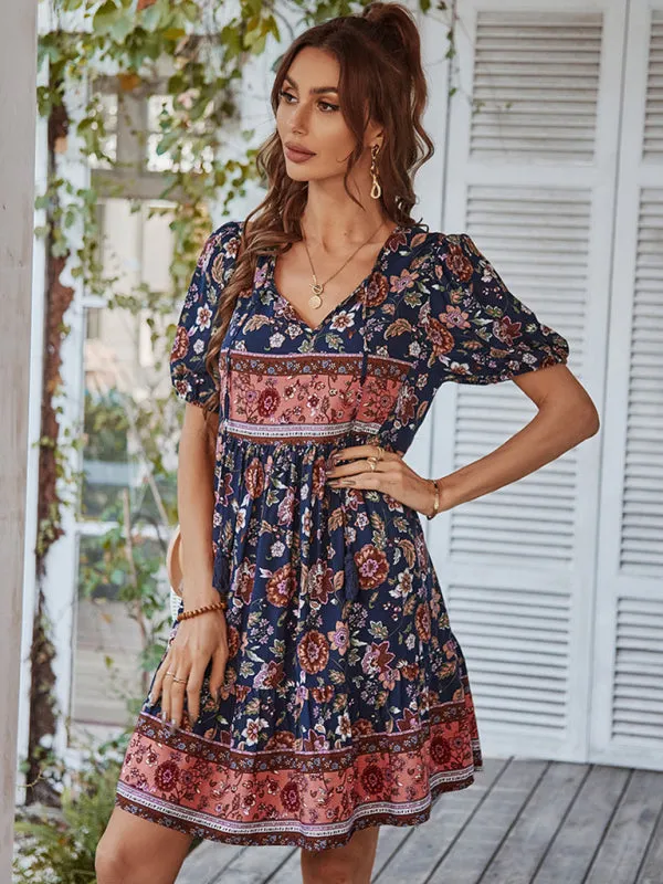 BerryBetty - Women's Woven V-Neck Short Sleeve Bohemian Resort Dress