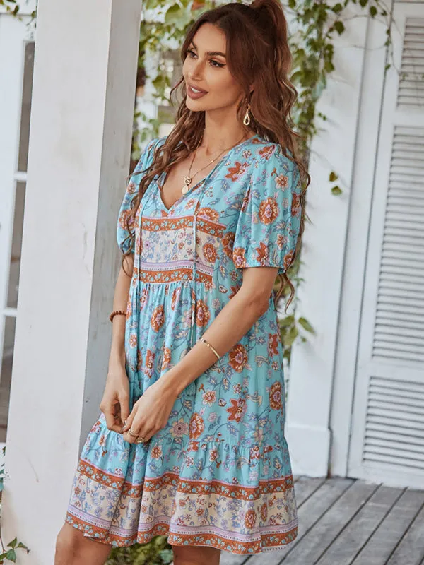 BerryBetty - Women's Woven V-Neck Short Sleeve Bohemian Resort Dress