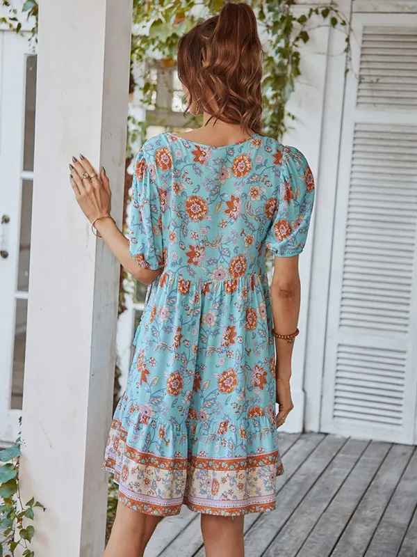 BerryBetty - Women's Woven V-Neck Short Sleeve Bohemian Resort Dress
