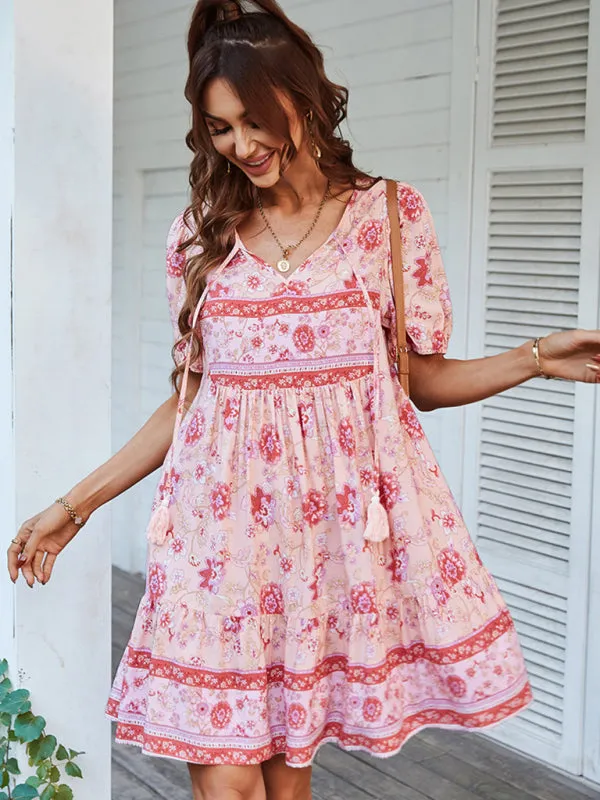 BerryBetty - Women's Woven V-Neck Short Sleeve Bohemian Resort Dress