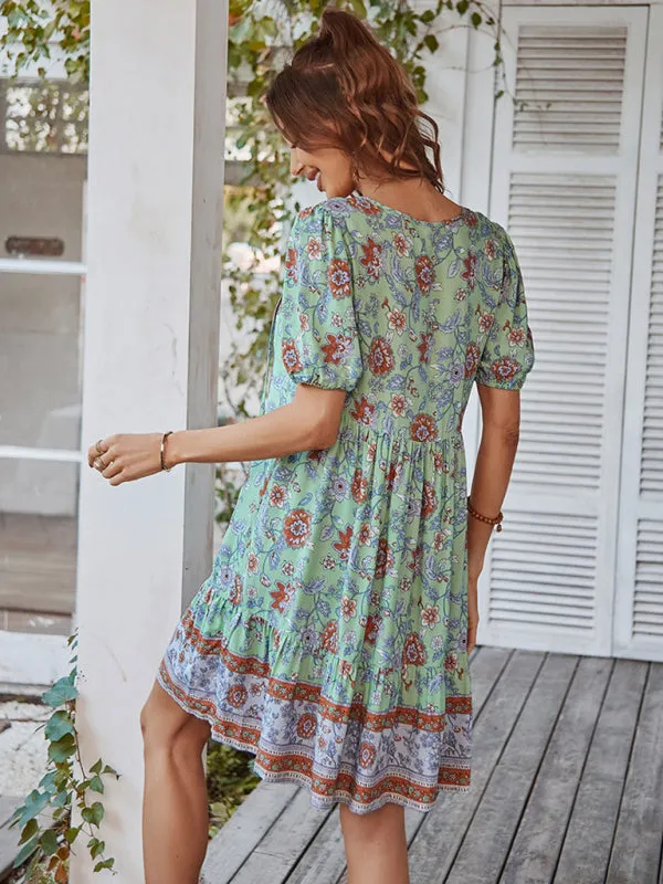BerryBetty - Women's Woven V-Neck Short Sleeve Bohemian Resort Dress