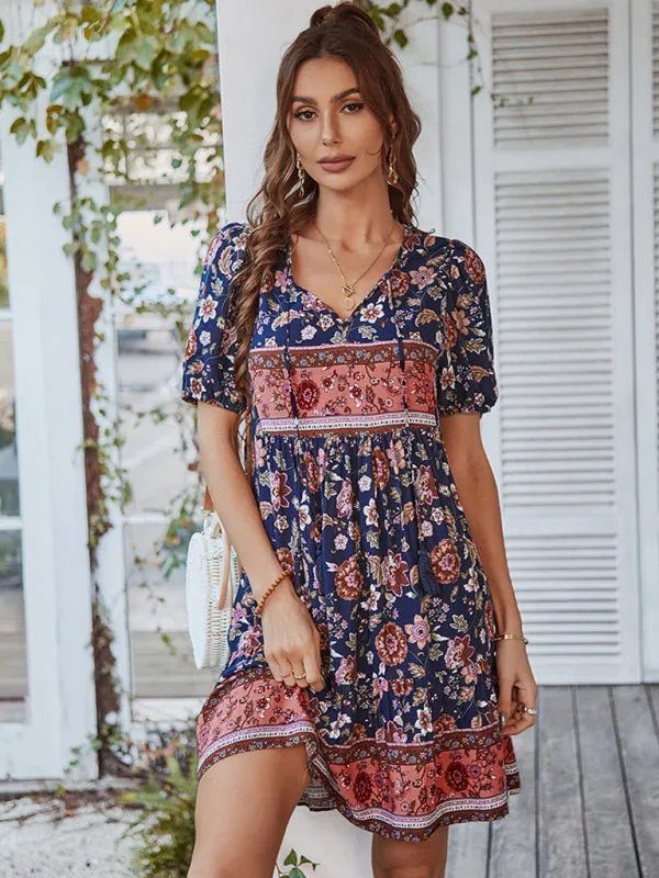 BerryBetty - Women's Woven V-Neck Short Sleeve Bohemian Resort Dress
