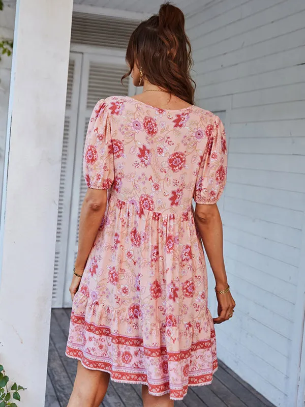 BerryBetty - Women's Woven V-Neck Short Sleeve Bohemian Resort Dress