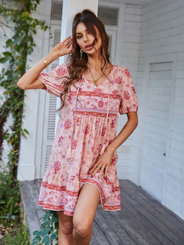 BerryBetty - Women's Woven V-Neck Short Sleeve Bohemian Resort Dress