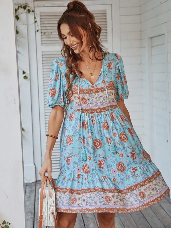 BerryBetty - Women's Woven V-Neck Short Sleeve Bohemian Resort Dress