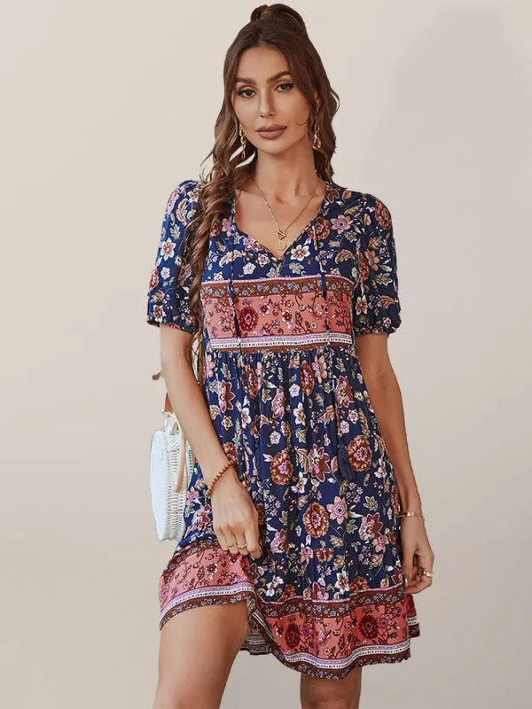 BerryBetty - Women's Woven V-Neck Short Sleeve Bohemian Resort Dress
