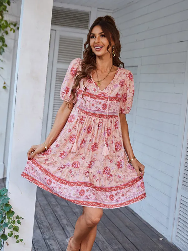 BerryBetty - Women's Woven V-Neck Short Sleeve Bohemian Resort Dress