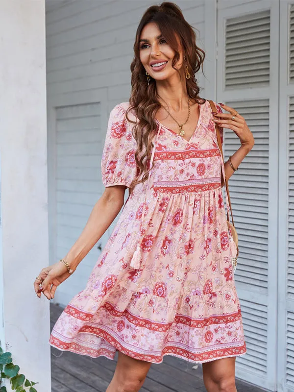 BerryBetty - Women's Woven V-Neck Short Sleeve Bohemian Resort Dress
