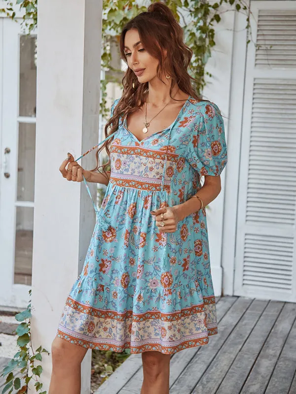 BerryBetty - Women's Woven V-Neck Short Sleeve Bohemian Resort Dress