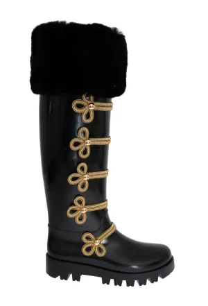 Black Fur Gold Rubber Rain Boots