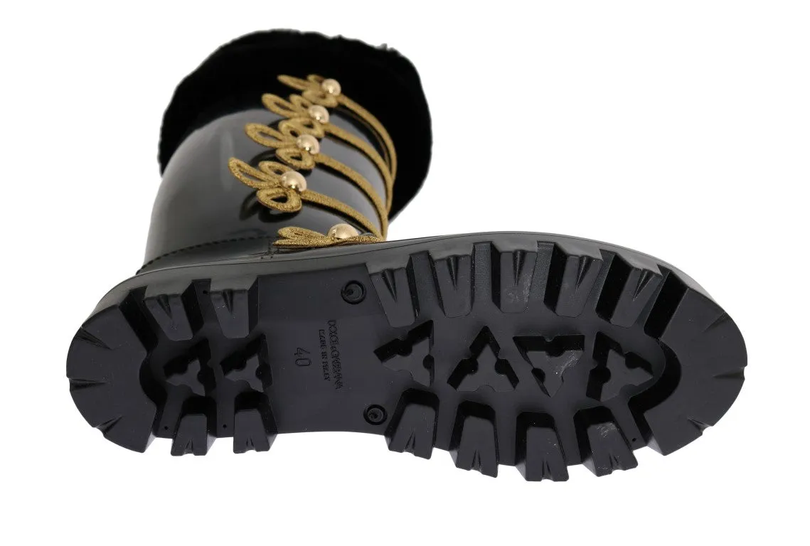 Black Fur Gold Rubber Rain Boots